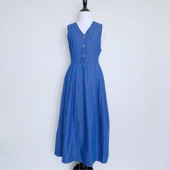 Vintage 70s 80s Denim Jumper Dress Midi Sleeveless with Pockets Size Medium - Picture 2 of 9